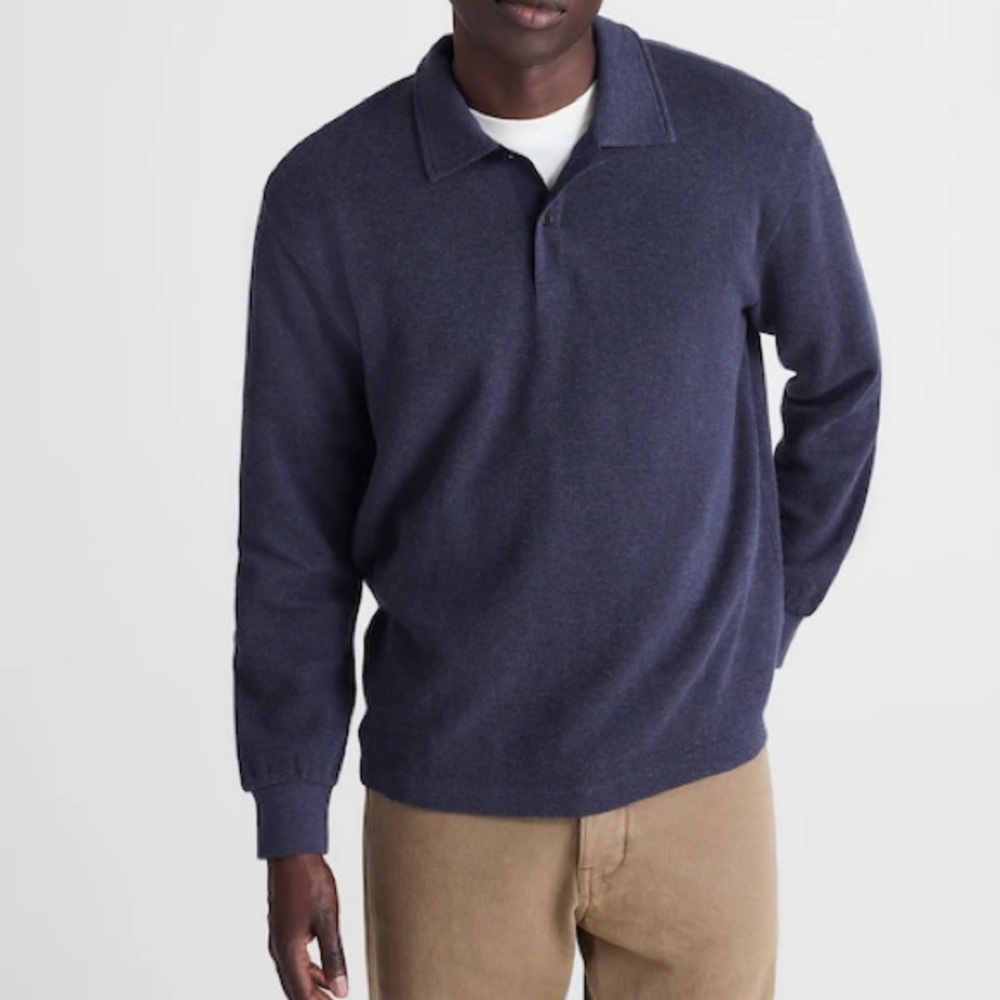 Madewell Men’s Dark Heather Navy French Rib Knit Polo Long Sleeve Shirt Large